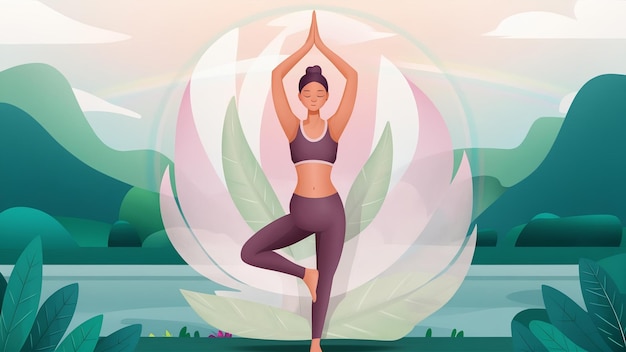 Photo a woman in a yoga pose in front of a circle with a tree in the background