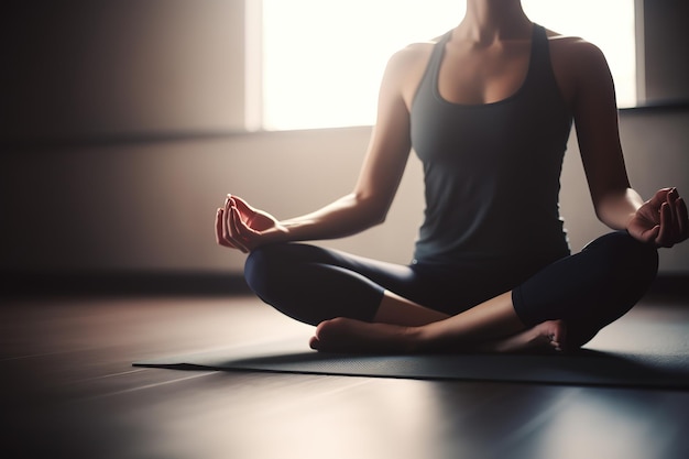 A woman in a yoga pose is meditating in a room with a window behind her.