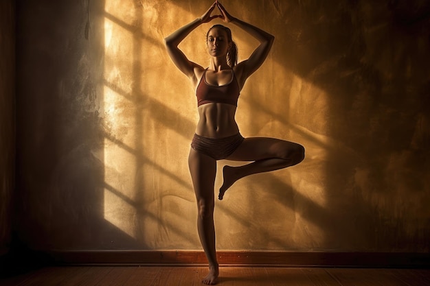 A woman in a yoga pose is standing in a room with a golden wall behind her.