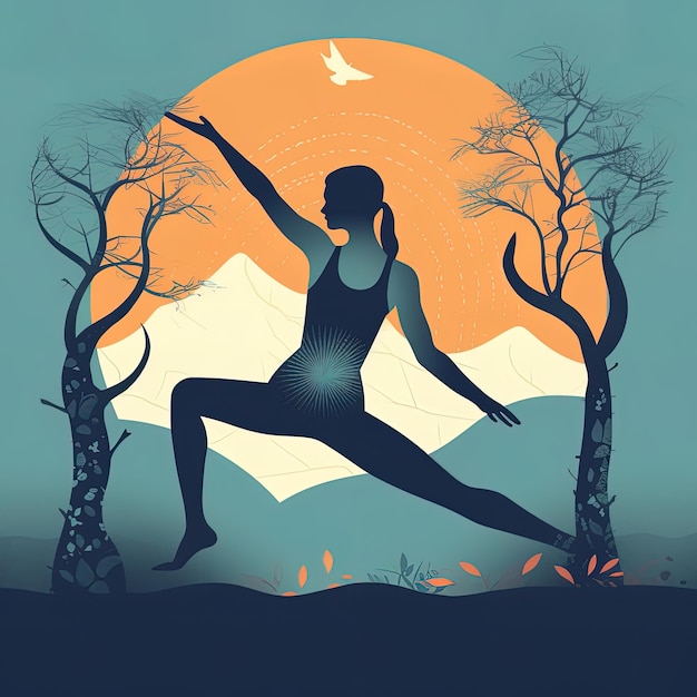 A woman in a yoga pose with a bird on the background.