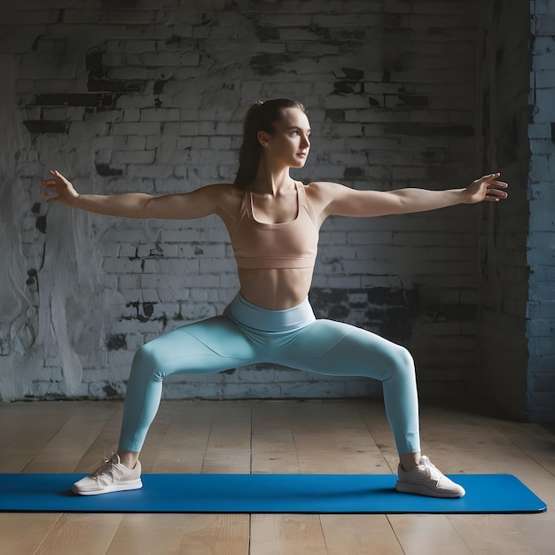 a woman in a yoga pose with a brick wall behind her