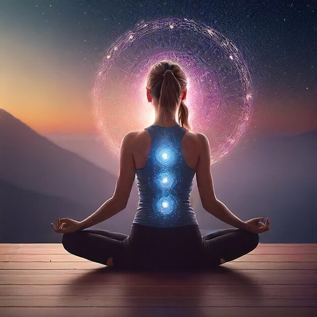 a woman in a yoga pose with a circle of stars in the background