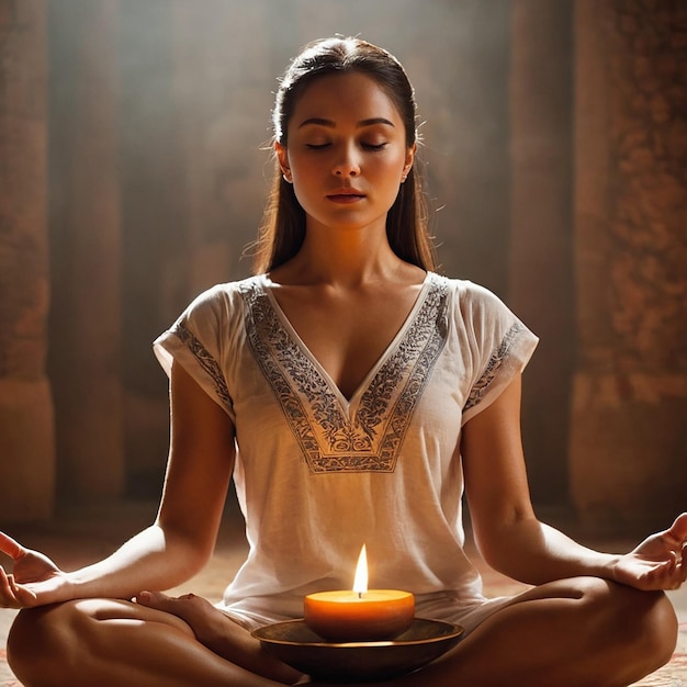 Woman in a yoga pose with a statue in the background