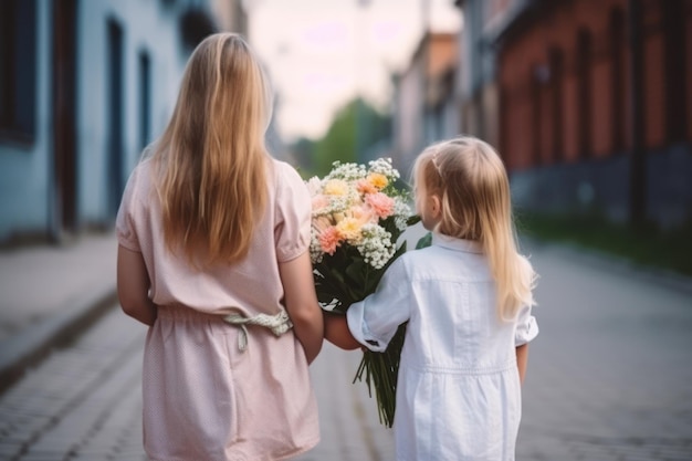 A woman and a young girl holding a bouquet of flowers