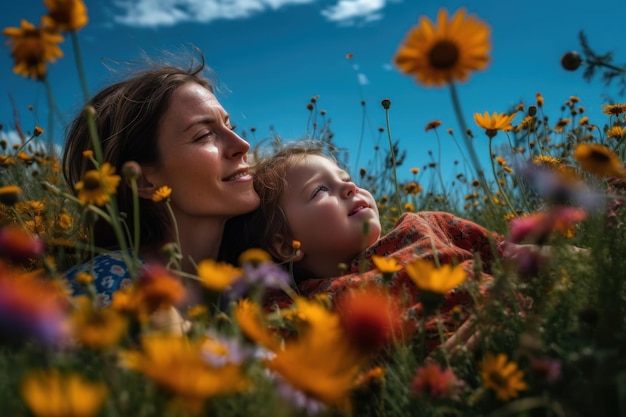 A woman and a young girl lie in a field of flowers.