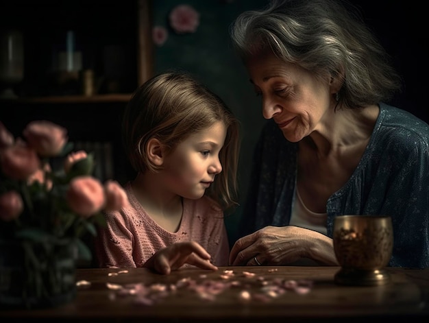 A woman and a young girl sit at a table with flowers.