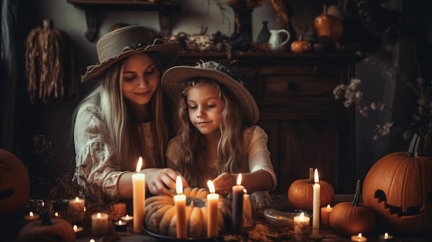 A woman and a young girl sit at a table with a pumpkin and a pumpkin on the table.