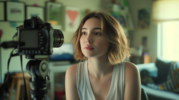 Woman youtuber looks directly at camera while filming video in her home studio Blurry background includes couch and decor