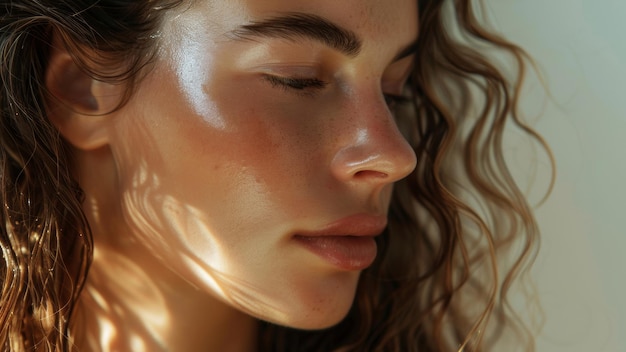 Woman39s face bathed in sunlight showcasing natural beauty and serenity