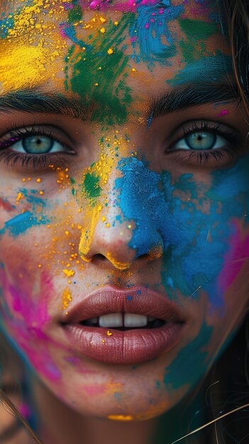 A woman39s face beautifully adorned with Holi colors offers a deep cultural narrative through her ex