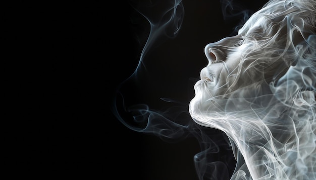 A woman39s face is shown in a black background with smoke surrounding her