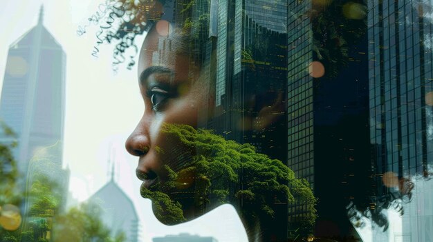 Photo a woman39s face is shown in a green forest with a city in the background