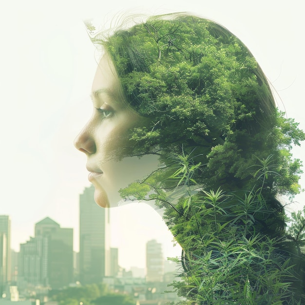 A woman39s face is shown in a green forest with a city in the background