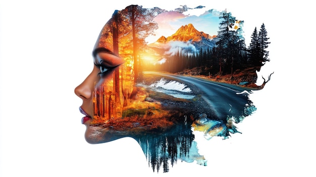 Photo woman39s face overlaid with forest and mountain landscape