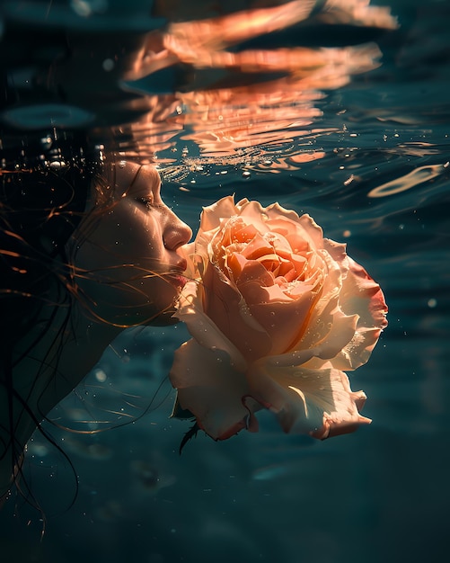 Photo a woman39s face and a rose are submerged in water with sunlight shining through