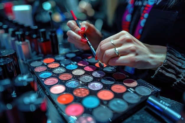 Woman39s Hand Applying Makeup with Eyeshadow Palette and Brush