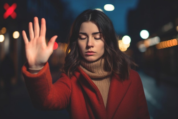 Photo woman39s hand gesturing stop fighting harassment together we are stronger in this fight