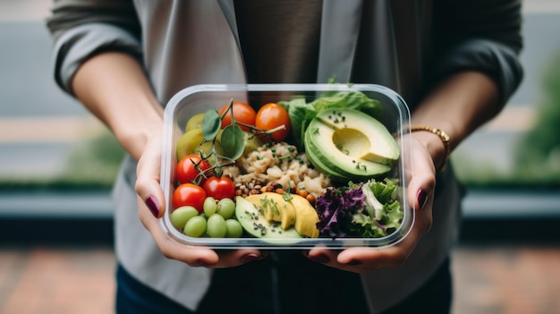 A woman39s hand holds a lunch box with healthy food Organic Vegetarian food Fresh vegetables and fruits in a container