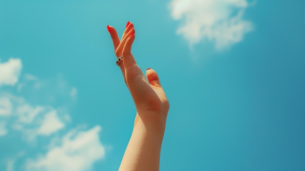 A woman39s hand reaches towards the sky fingers outstretched with bright red nail polish The blue sky is clear and bright with a few white clouds in the background