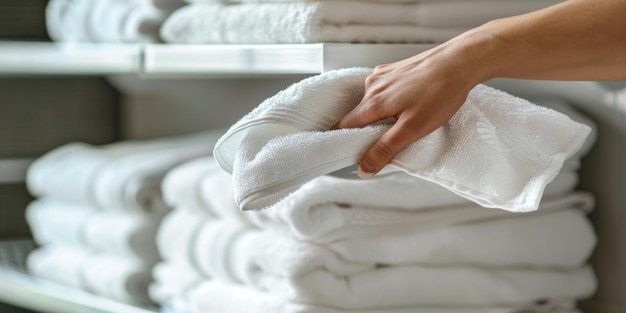 Photo a woman39s hand taking a white towel