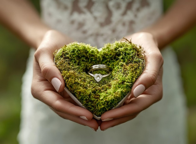 Photo woman39s hands holding a heartshaped moss box with two wedding rings inside