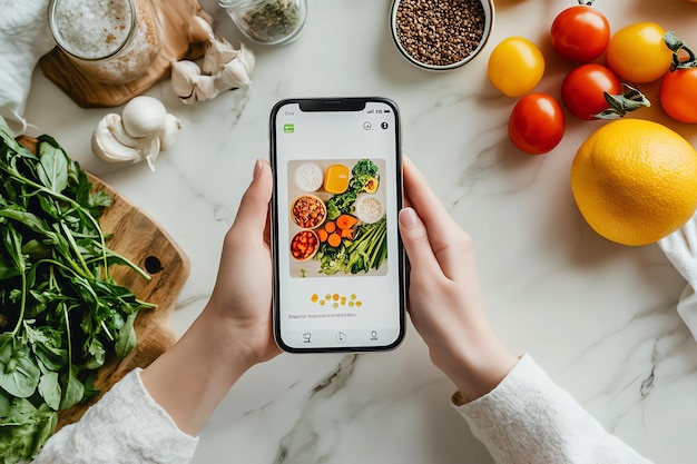 Woman39s Hands Holding a Phone Displaying a Photo of a Healthy Meal