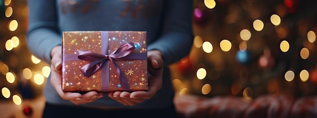 Woman39s hands holding and presenting colorful and shiny christmas gift on bokeh background Generative AI