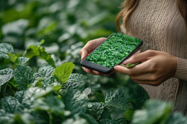 Photo a woman39s hands holding a smartphone with a green background with green leaves in the foreground and background suggesting a connection between technology and nature