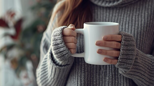 Photo woman39s hands holding a white mug in a warm sweater