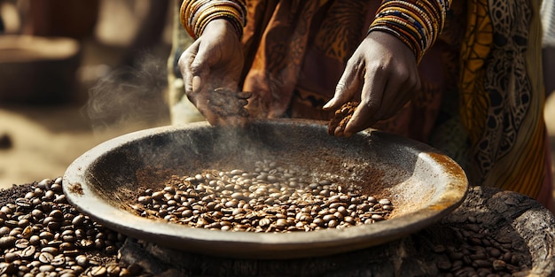 Woman39s hands sorting coffee beans in a large metal bowl