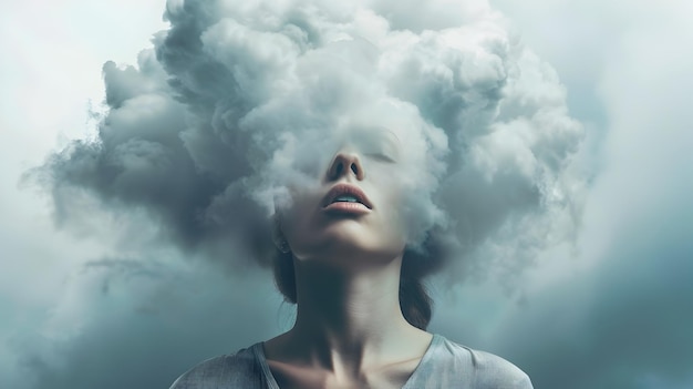 Woman39s Head Emerging from Clouds Symbolizing Contemplation and Inner