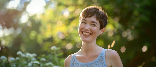 Woman39s laughter illuminates her face in a sundrenched green park