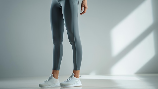 Photo woman39s legs in grey leggings and white sneakers on a white background