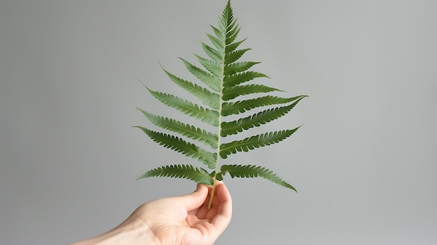 A womanas hand gently holds a fern leaf in harmony with nature