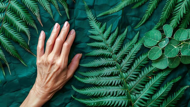 Photo a womanas hand gently holds a fern leaf in harmony with nature