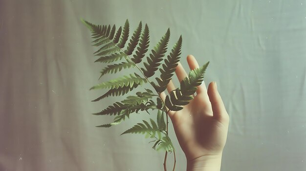 Photo a womanas hand gently holds a fern leaf in harmony with nature