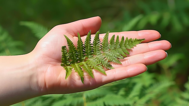 A womanas hand gently holds a fern leaf in harmony with nature