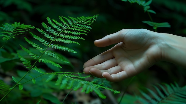 A womanas hand gently holds a fern leaf in harmony with nature