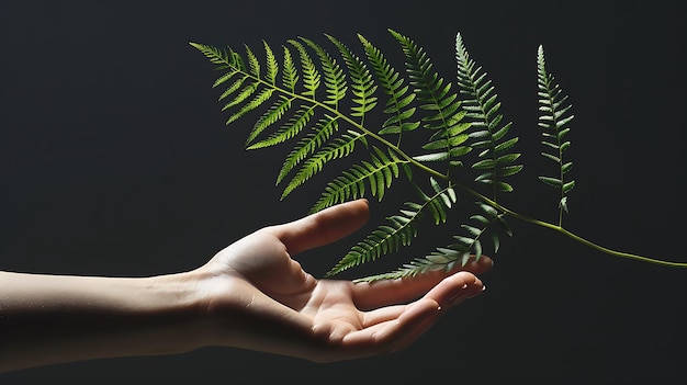 A womanas hand gently holds a fern leaf in harmony with nature