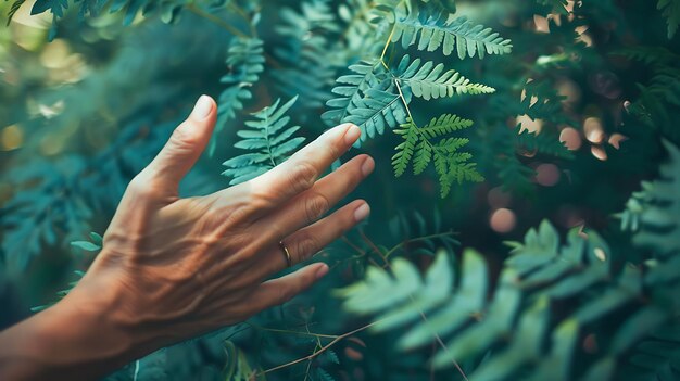 A womanas hand gently holds a fern leaf in harmony with nature