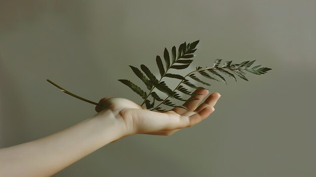 A womanas hand gently holds a fern leaf in harmony with nature