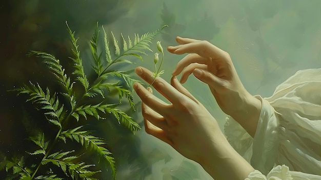 A womanas hand gently holds a fern leaf in harmony with nature