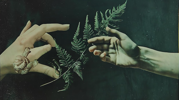 A womanas hand gently holds a fern leaf in harmony with nature