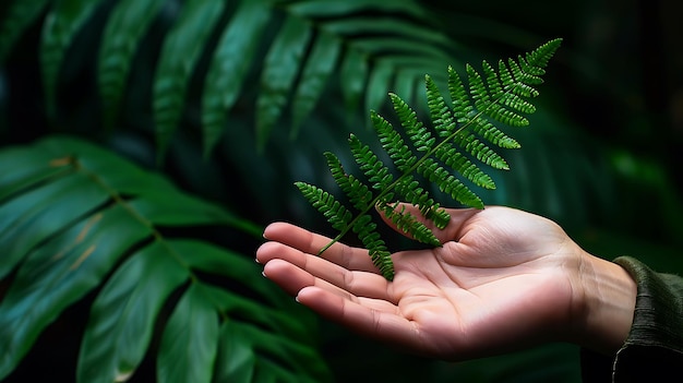 A womanas hand gently holds a fern leaf in harmony with nature