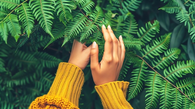 A womanas hand gently holds a fern leaf in harmony with nature