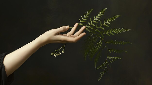 Photo a womanas hand gently holds a fern leaf in harmony with nature