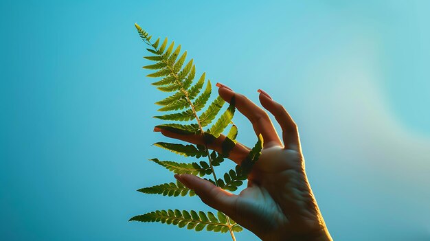 Photo a womanas hand gently holds a fern leaf in harmony with nature