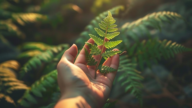 A womanas hand gently holds a fern leaf in harmony with nature