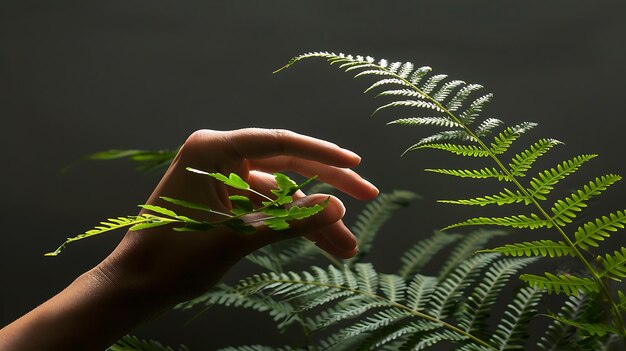 A womanas hand gently holds a fern leaf in harmony with nature