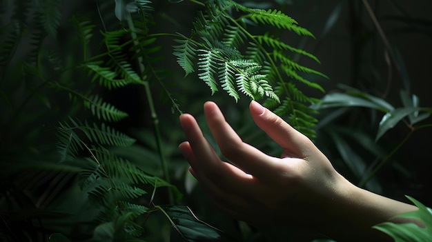 A womanas hand gently holds a fern leaf in harmony with nature